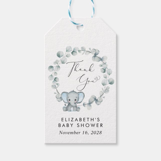 Étiquettes-cadeau Cute Elephant Eucalyptus Baby Boy Douche Merci (Devant)