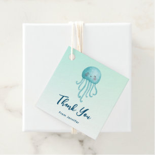 Étiquettes Cadeau Cute et amusante Merci de méduse bleu-vert