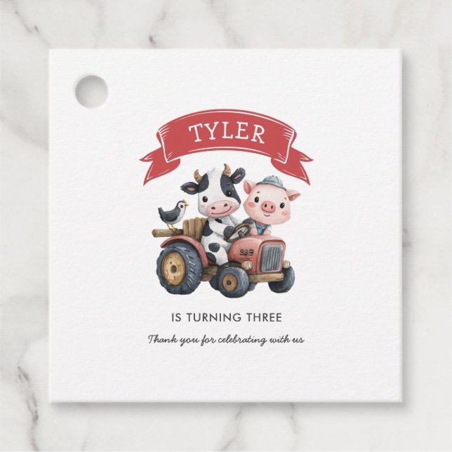Étiquettes Cadeau Cute Ferme Animaux Vache Cochon Anniversaire (Devant)