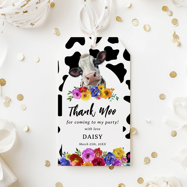 Étiquettes-cadeau Cute Floral 'Holy Cow' Merci Moo Anniversaire Favo (Créateur téléchargé)