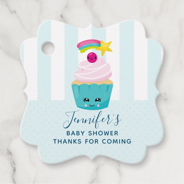 Étiquettes Cadeau Cute gâteau bleu avec Baby shower à visage Kawaii (Devant)