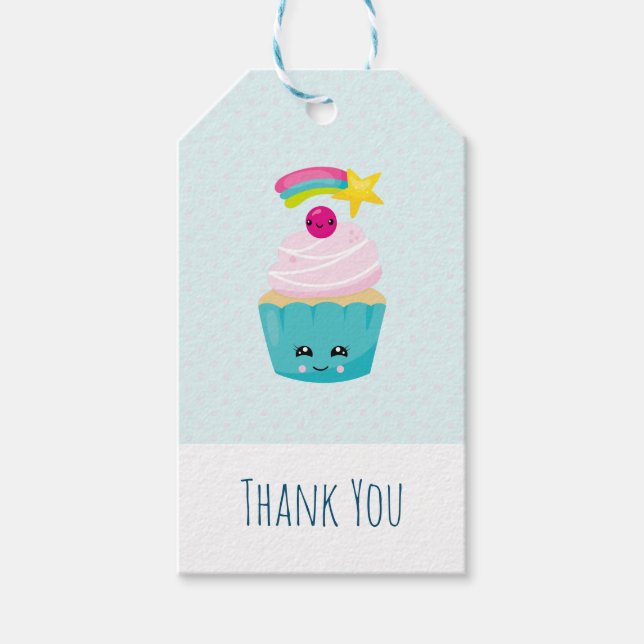 Étiquettes-cadeau Cute gâteau bleu avec Merci de visage Kawaii (Devant)