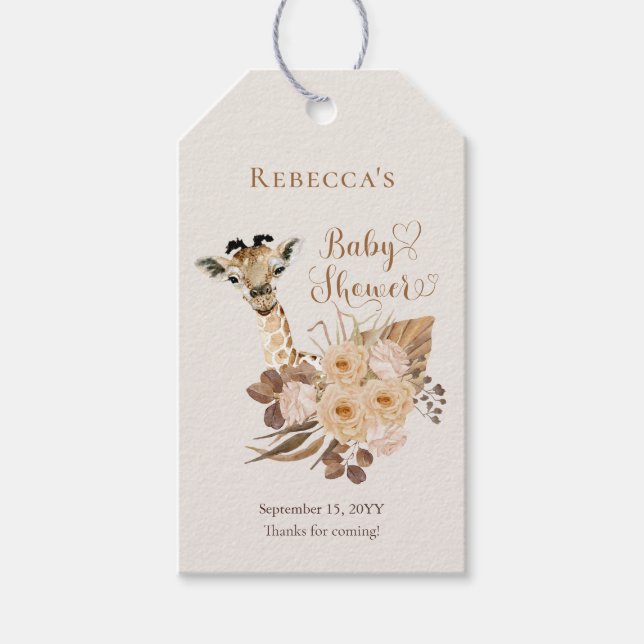 Étiquettes-cadeau Cute Giraffe Boho Grasses séchées Baby shower (Devant)
