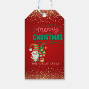 Étiquettes-cadeau Cute Gnome Pine Tree Confetti Rouge Joyeux Noël