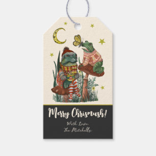 Étiquettes-cadeau Cute grenouille noire sur champignon Joyeux cadeau
