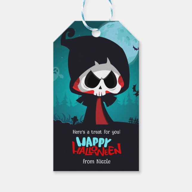 Étiquettes-cadeau Cute Grim Reaper Halloween ENFANTS TRAITER CADEAUX (Devant)