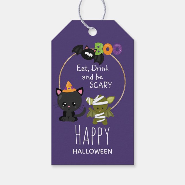 Étiquettes-cadeau Cute Halloween Chat, chauve-souris et maman Boo (Devant)