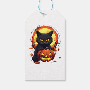 Étiquettes-cadeau Cute Halloween Chat noir avec Citrouille