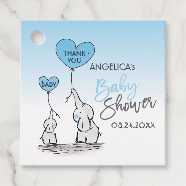 Étiquettes Cadeau Cute Heart BOY Blue Elephant maman & Baby shower (Devant)