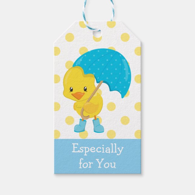 Étiquettes-cadeau Cute Jaune Canard avec Parapluie (Devant)