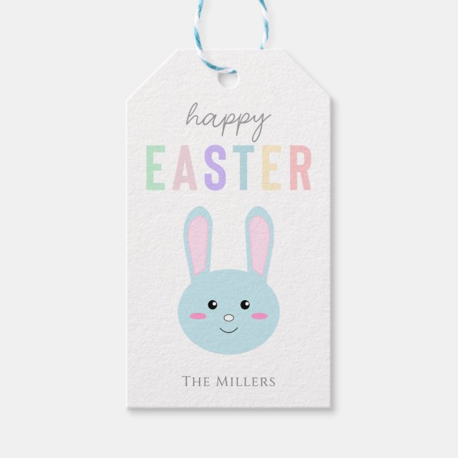 Étiquettes-cadeau Cute Kawaii Bunny Bleu Joyeux Pâques moderne (Devant)