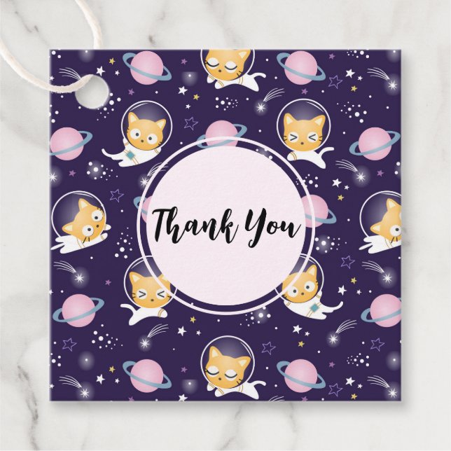 Étiquettes Cadeau Cute Kitty Chat Astronautes Motif Merci (Devant)