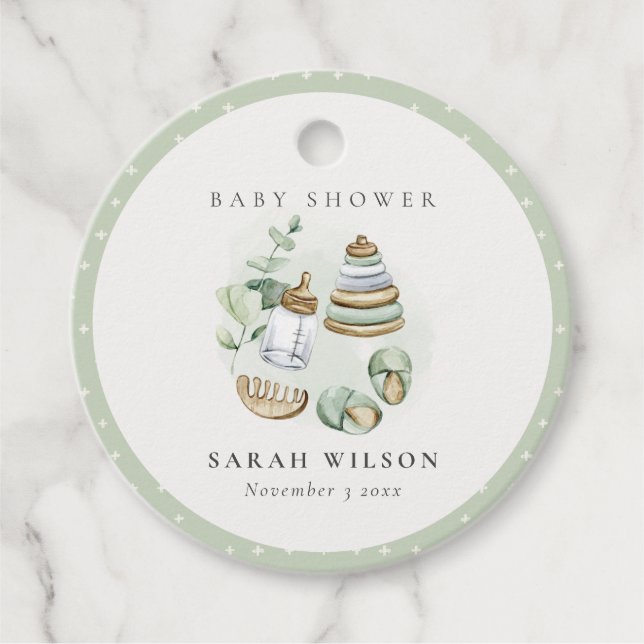 Étiquettes Cadeau Cute Nursery Essential Baby shower vert feuille (Devant)
