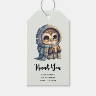 Étiquettes-cadeau Cute Owl tenant un Merci de fête du café