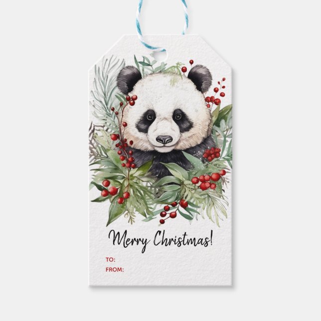 Étiquettes-cadeau Cute Panda Bear Botaniques rustiques de Noël (Devant)