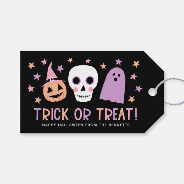 Étiquettes-cadeau Cute Pastel Halloween Trick ou traiter crâne blanc (Devant (Horizontal))