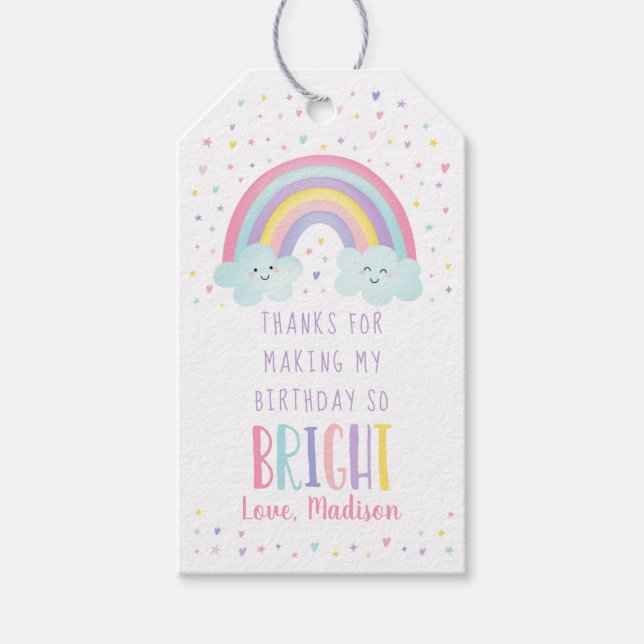 Étiquettes-cadeau Cute Pastel Rainbow Nuages Anniversaire Merci (Devant)