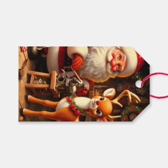 Étiquettes-cadeau Cute Père Noël et Reindeer (Devant (Horizontal))