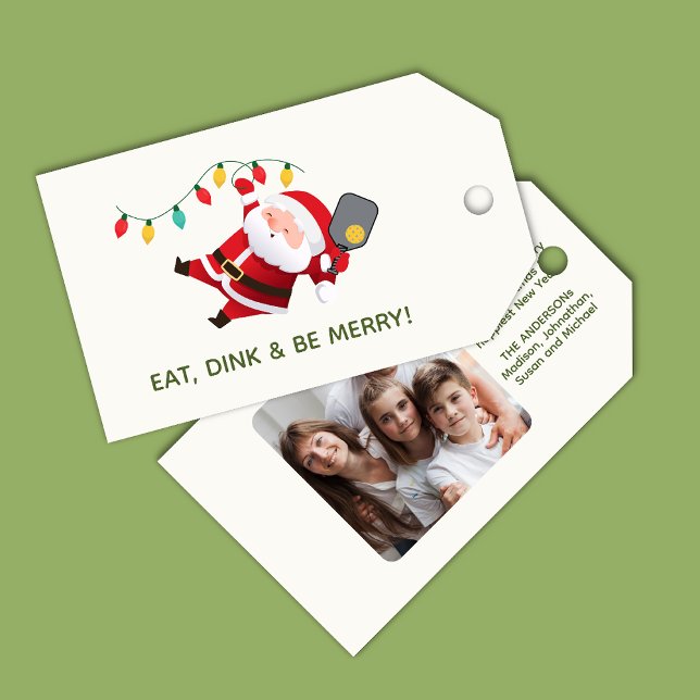 Étiquettes-cadeau Cute Pickleball Père Noël photo de Noël blanc (Créateur téléchargé)
