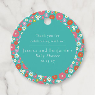 Étiquettes Cadeau Cute Retro 60s Flower Turquoise Baby shower person