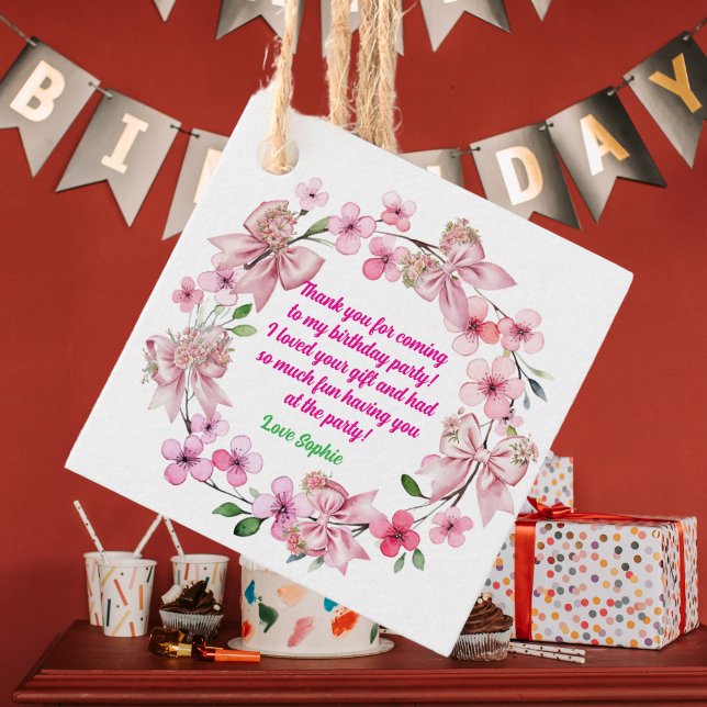 Étiquettes Cadeau Cute rose Floral Bow Girl Photo Anniversaire (Créateur téléchargé)