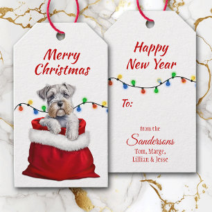 Étiquettes-cadeau Cute Schnauzer Terrier Chien dans Père Noël Sac Ca