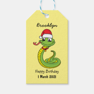 Étiquettes-cadeau Cute serpent vert avec chapeau santa dessin animé