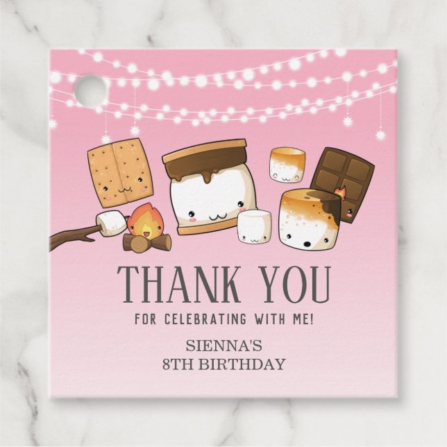 Étiquettes Cadeau Cute S'mores Plus Anniversaire Merci rose (Devant)