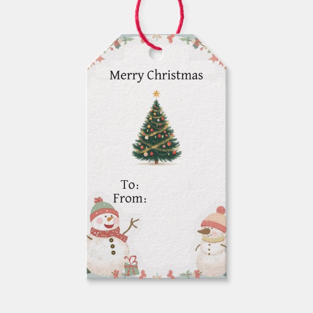Étiquettes-cadeau Cute Snowman Christmas Gift Tag With Tree (Devant)