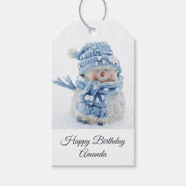 Étiquettes-cadeau Cute Snowman en hiver Photo Anniversaire (Devant)