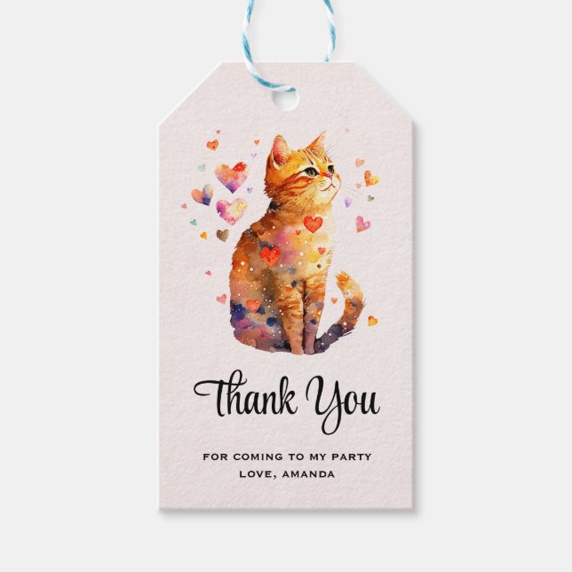 Étiquettes-cadeau Cute Tabby Chat avec Coeur Merci (Devant)