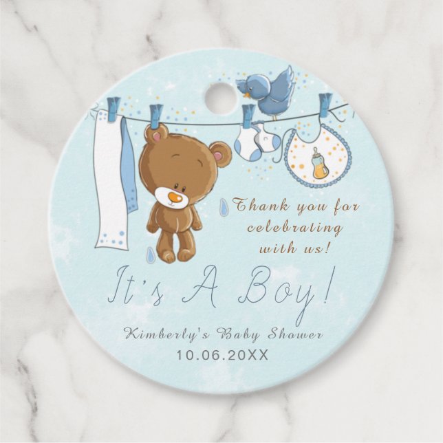 Étiquettes Cadeau Cute Teddy Bear C'est un Merci bleu garçon (Devant)