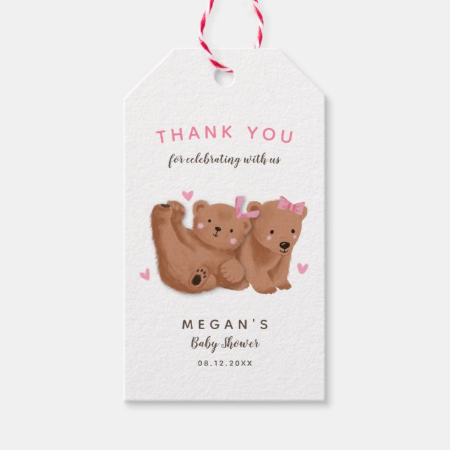Étiquettes-cadeau Cute Twin Bears Girls Baby shower Merci (Devant)