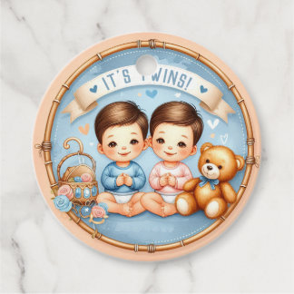 Étiquettes Cadeau Cute Twin Boys Baby shower Aquarelle Teddy Bear