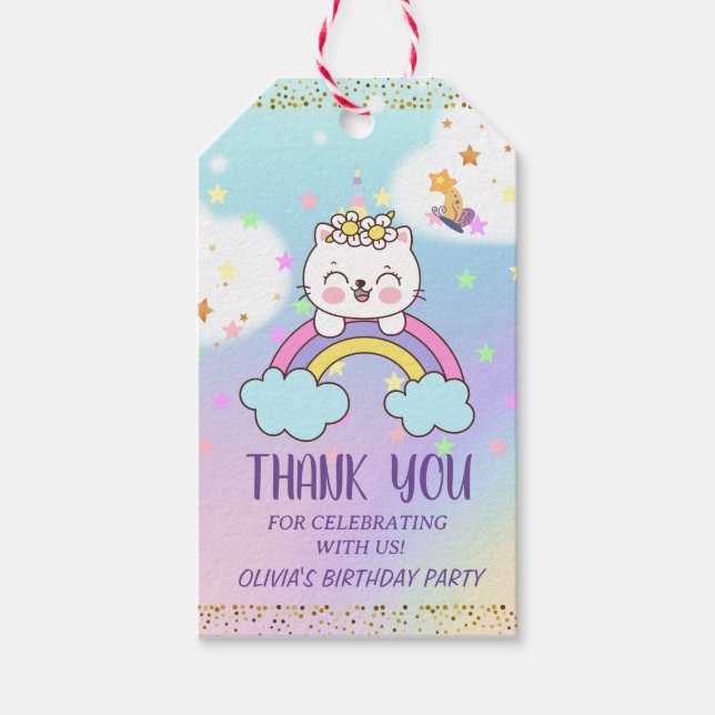 Étiquettes-cadeau Cute Unicorn Chat Rainbow Fête d'anniversaire fill (Devant)