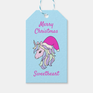 Étiquettes-cadeau Cute Unicorn Père Noël Girls Pink Christmas