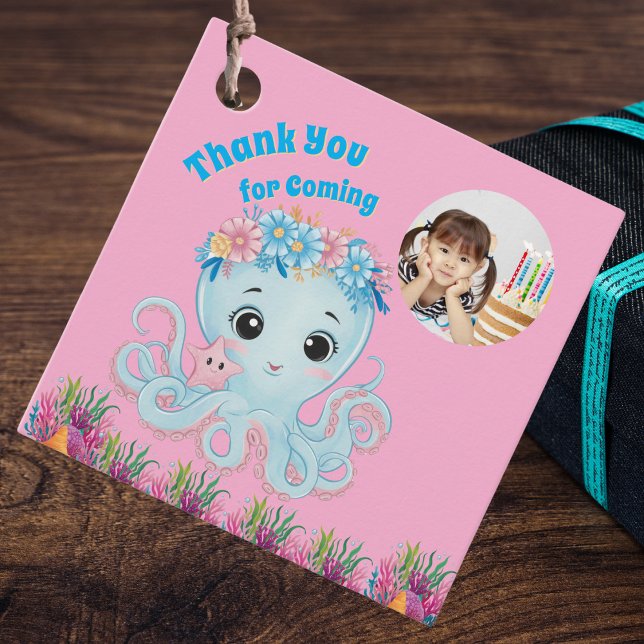 Étiquettes Cadeau Cute Whimsical Floral Octopus Girl Photo Anniversa (Créateur téléchargé)