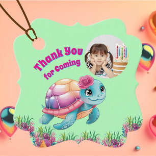 Étiquettes Cadeau Cute Whimsical Floral Tortue photo Anniversaire
