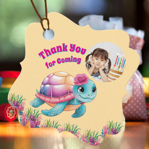 Étiquettes Cadeau Cute Whimsical Floral Tortue photo Anniversaire