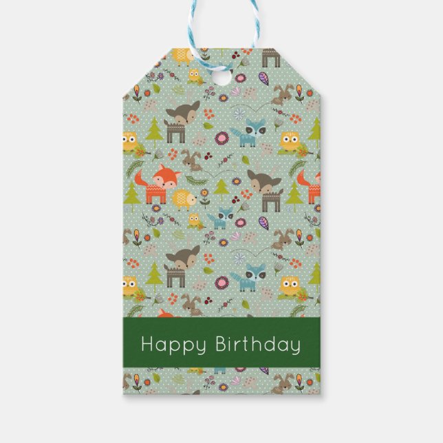 Étiquettes-cadeau Cute Woodland Créatures Motif animal Anniversaire (Devant)