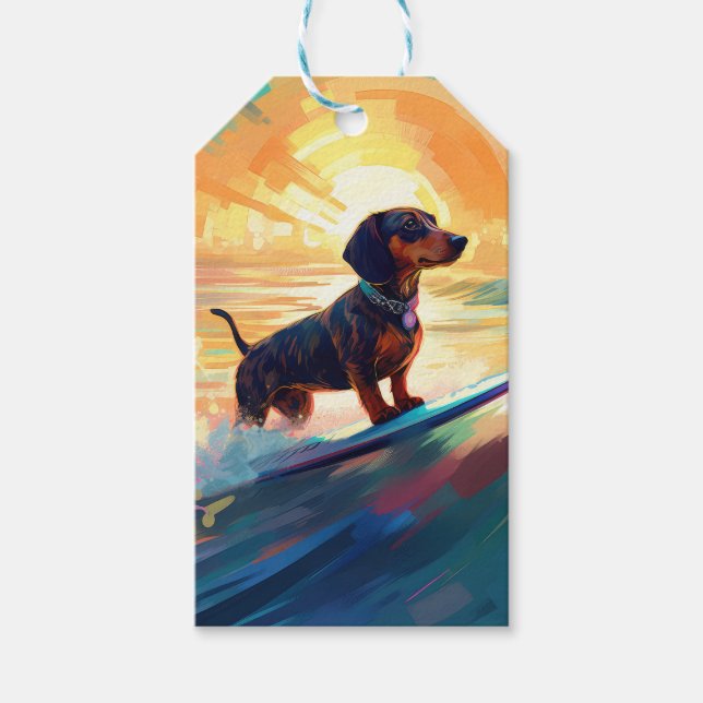 Étiquettes-cadeau Dachshund Beach Surf Peinture (Devant)