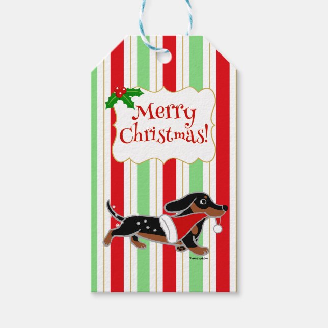 Étiquettes-cadeau Dachshund Cartoon de Noël Snowflakes (Devant)