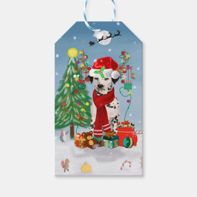 Étiquettes-cadeau Dachshund Chien en neige avec cadeaux de Noël (Devant)