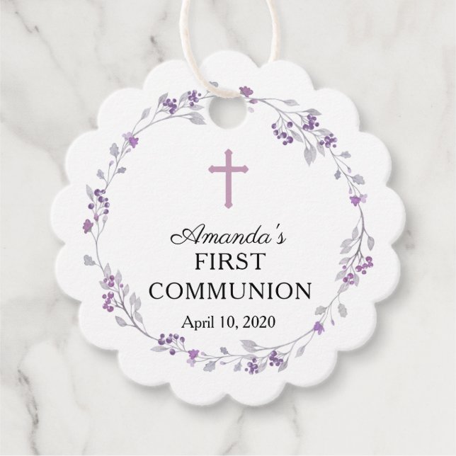 Étiquettes Cadeau Dainty Purple Floral Première Sainte Communion (Devant)