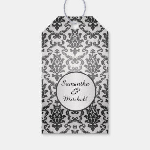 Étiquettes-cadeau Damas noir sur Merci Mariage gris argent