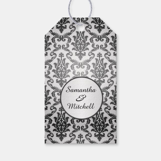 Étiquettes-cadeau Damas noir sur Merci Mariage gris argent (Devant)