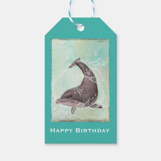Étiquettes-cadeau Dauphin S'Éclatant Autour D'Un Joyeux Anniversaire (Devant)