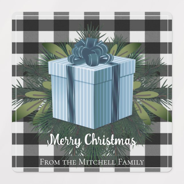Étiquettes Cadeau de Noël Plaid Buffalo | Vacances bleues (Design 1)