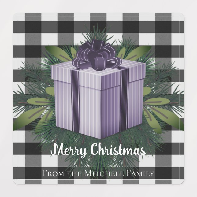 Étiquettes Cadeau de Noël Plaid Buffalo | Vacances pourpres (Design 1)