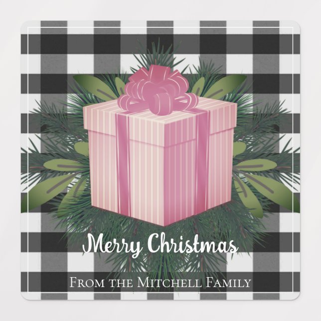 Étiquettes Cadeau de Noël Plaid Buffalo | Vacances roses (Design 1)